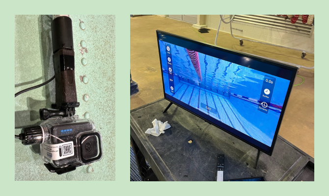 Underwater video feedback system: GoPro camera and external screen with footage from Video Delay app 
