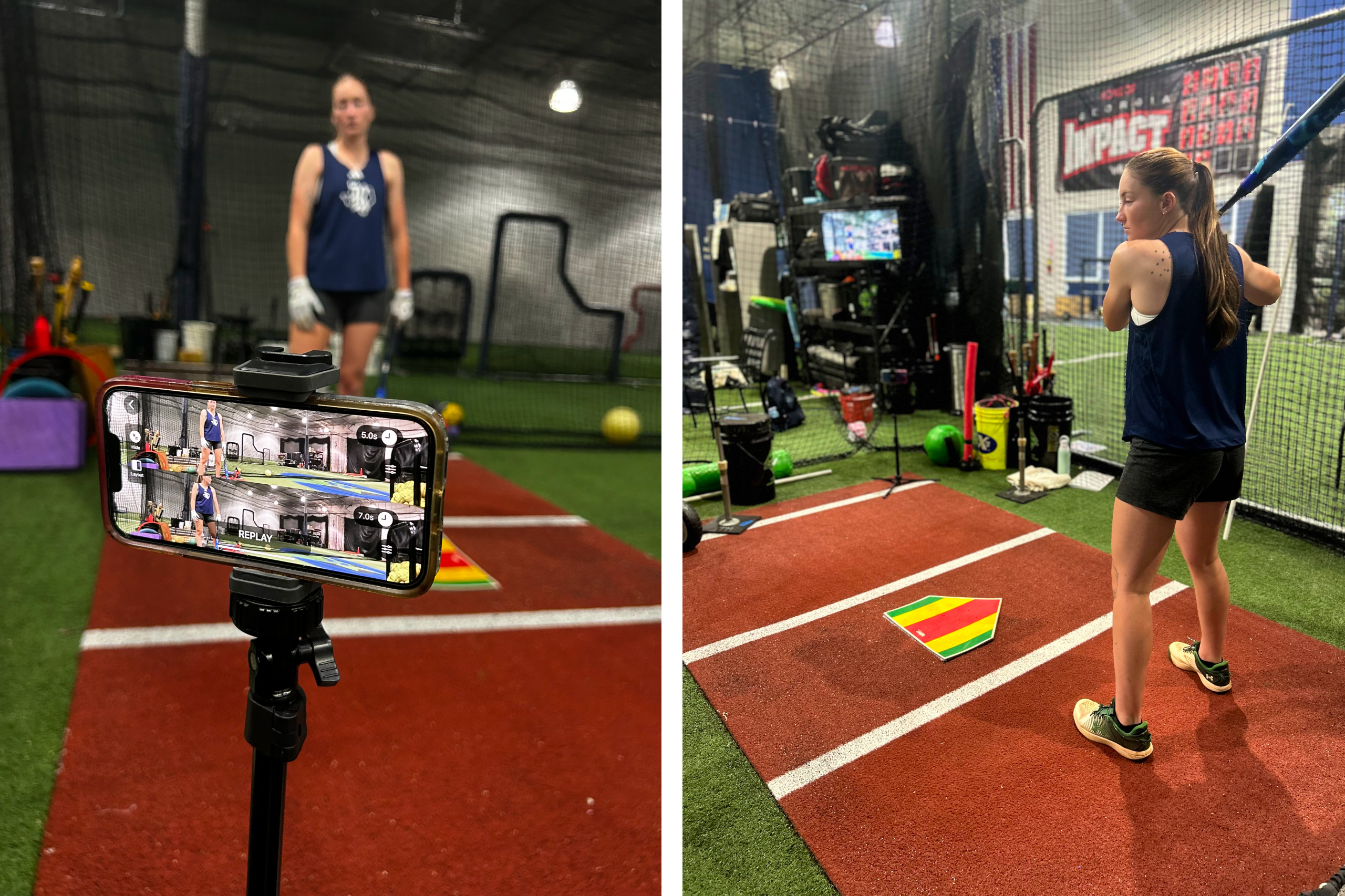 Video Delay app with the Split Screen feature during softball practice session