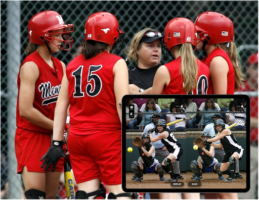 softball coach with girl players analysis the game with video delay app