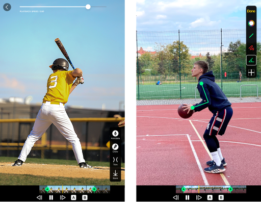 Two iPhone screenshots showing Replay View for Video Delay Instant Replay app. On the left with baseball training and on the right with basketball shooting training.