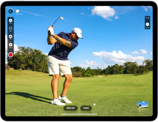 golfer on the golf field practicing swing with Video Delay Instant Replay app