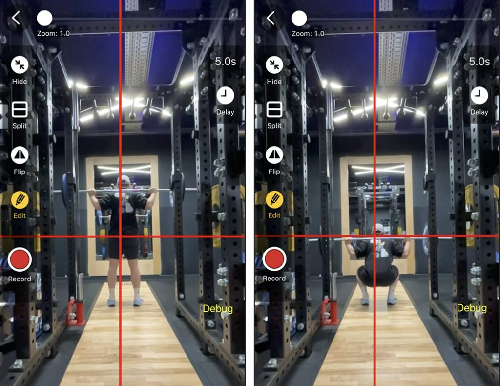 Video Delay app screenshots showing an athlete doing barbell squats at the gym