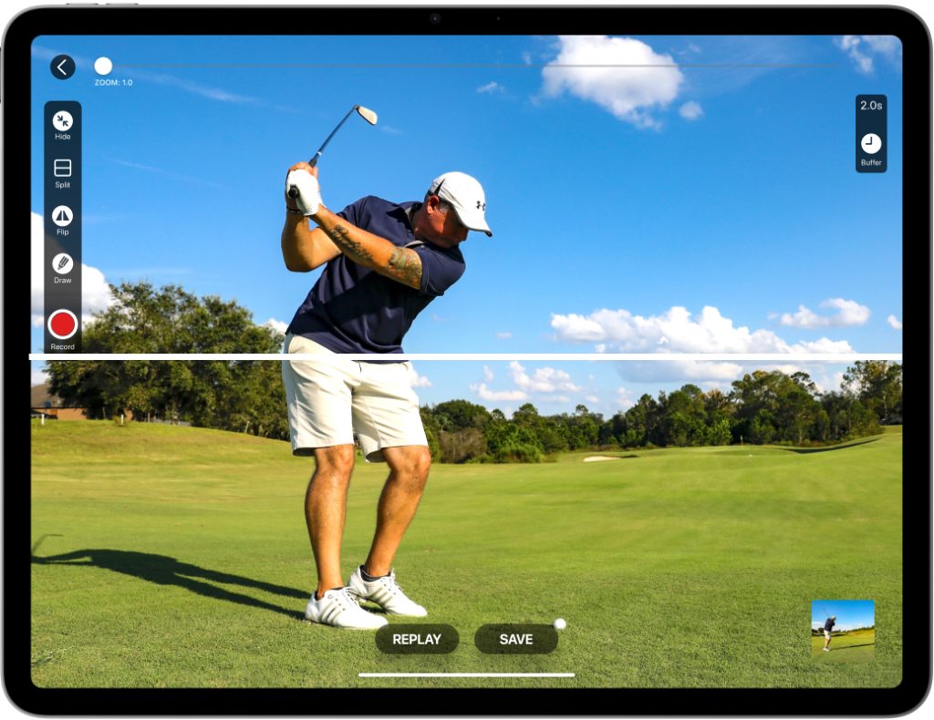 Video Delay app screenshot showing golfer hitting the ball on a golf field