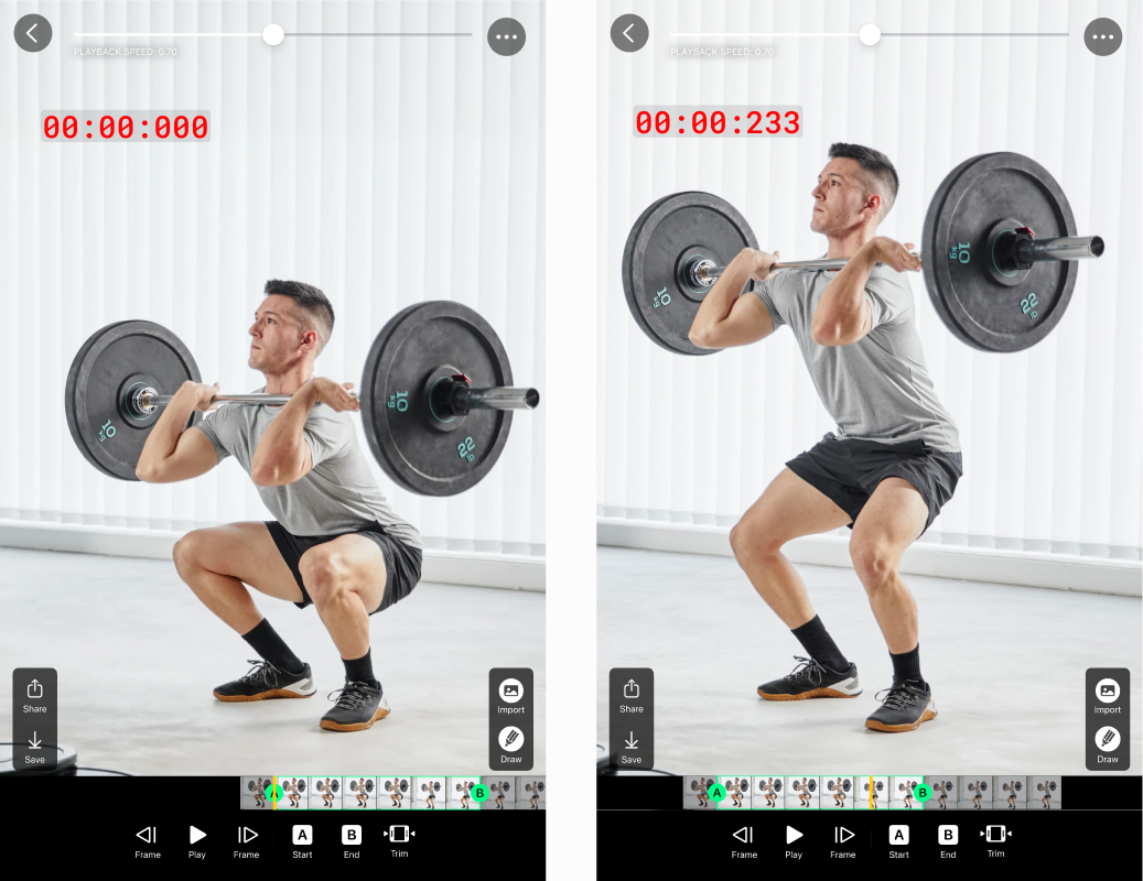 Video Delay Instant Reply app screenshot showing man doing velocity squat.