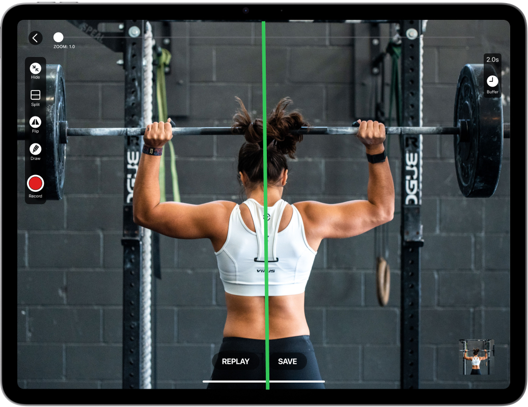 Video Delay Instant Replay app screenshot: athlete using drawing feature to maintain proper form symmetry while weightlifting