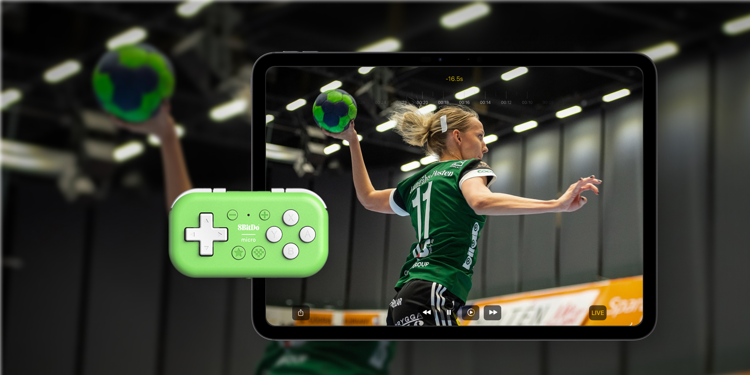 8BitDo micro gamepad controller and iPad showing Video Delay Instant Replay app during softball practice