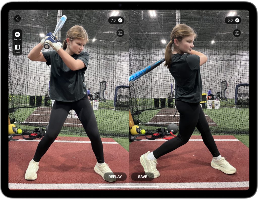 iPad with Video Delay Instant Replay app: Split Screen feature use during softball swing practice
