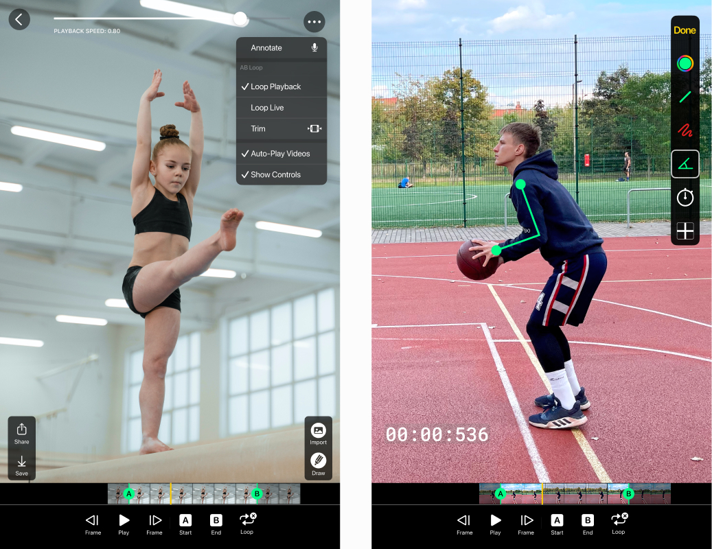 Vide Delay app screenshots showing practice sessions analysis. On the left girl training gymnastics, on the right basketball player shooting hoops.