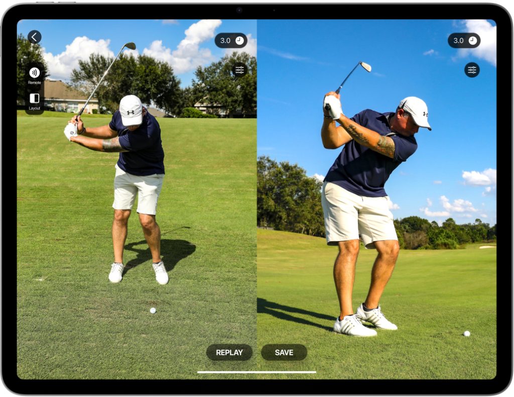 Golf player practicing golf swing with Video Delay app -  Multi Camera feature